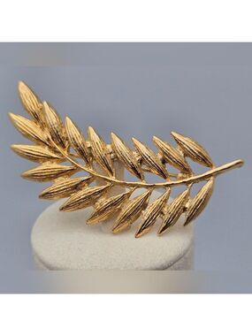 Greek Olive Gold Tone Leaf Branch Brooch Pin Brushed Satin Vintage